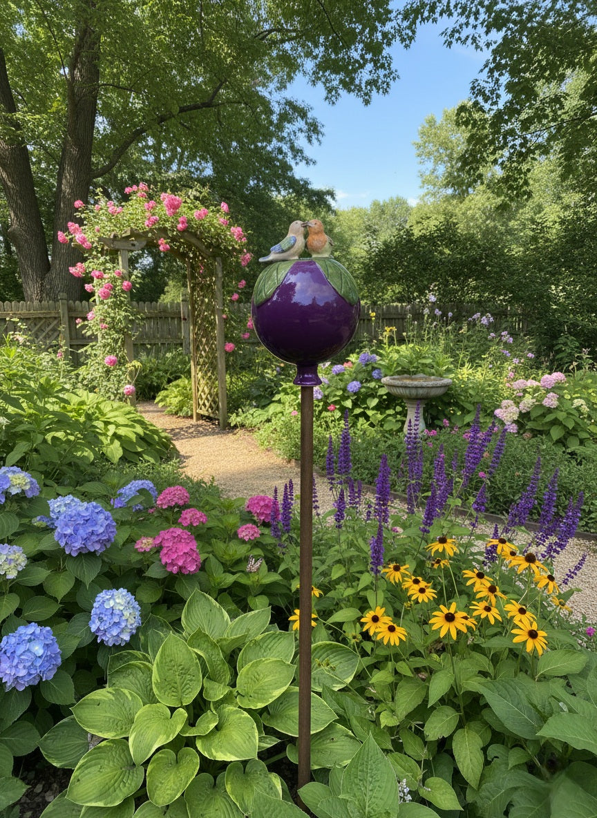 Lila Gartenkugel aus Keramik mit Vogel-Duo | Balkon & Garten