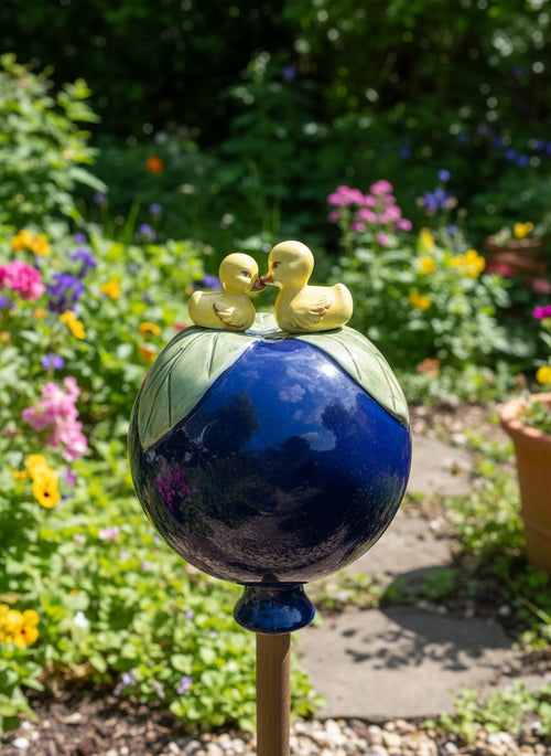 Dunkelblaue Gartenkugel aus Keramik mit Enten-Duo | Balkon & Garten