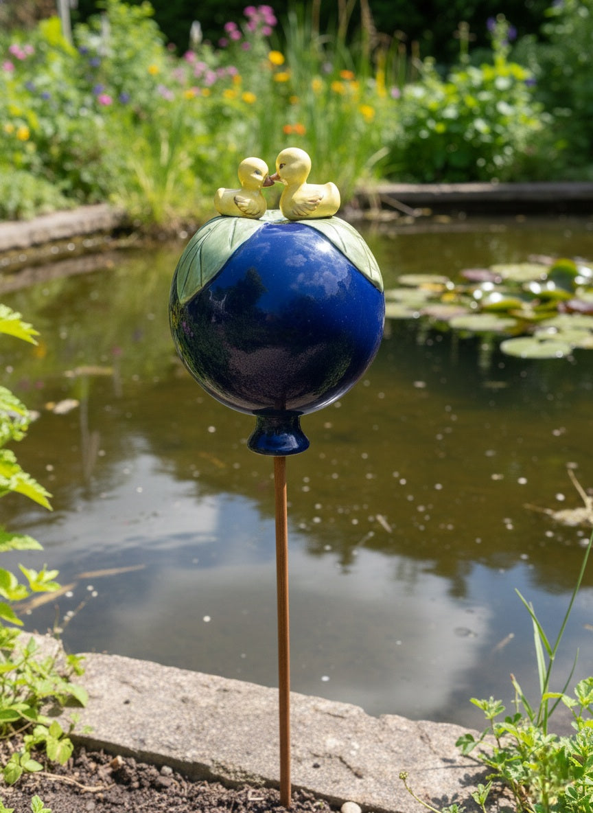Dunkelblaue Gartenkugel aus Keramik mit Enten-Duo | Balkon & Garten