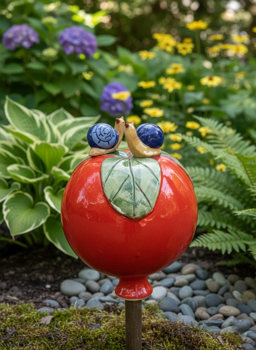 Rote Gartenkugel aus Keramik mit Schnecken-Duo | Balkon & Garten
