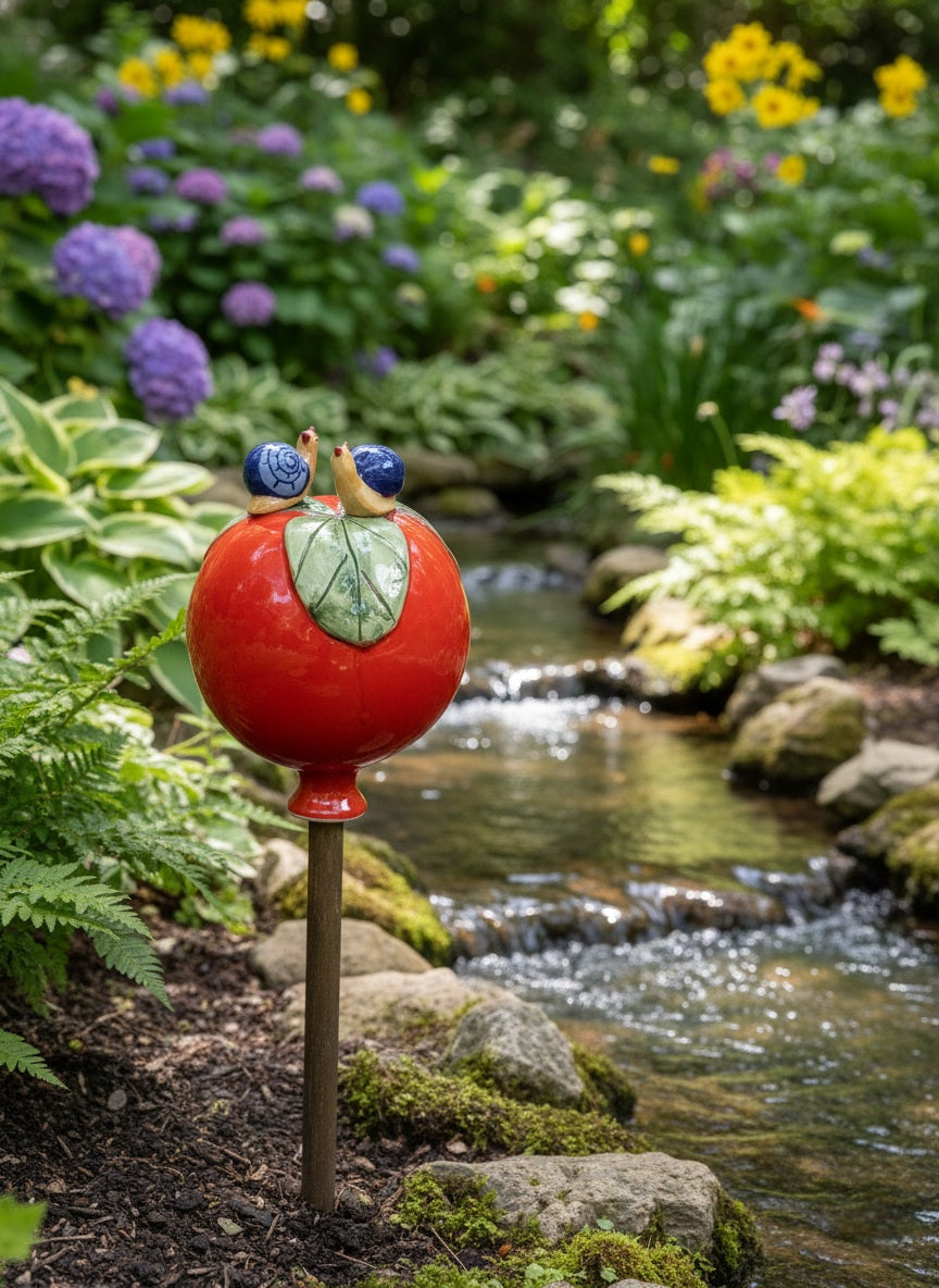 Rote Gartenkugel aus Keramik mit Schnecken-Duo | Balkon & Garten