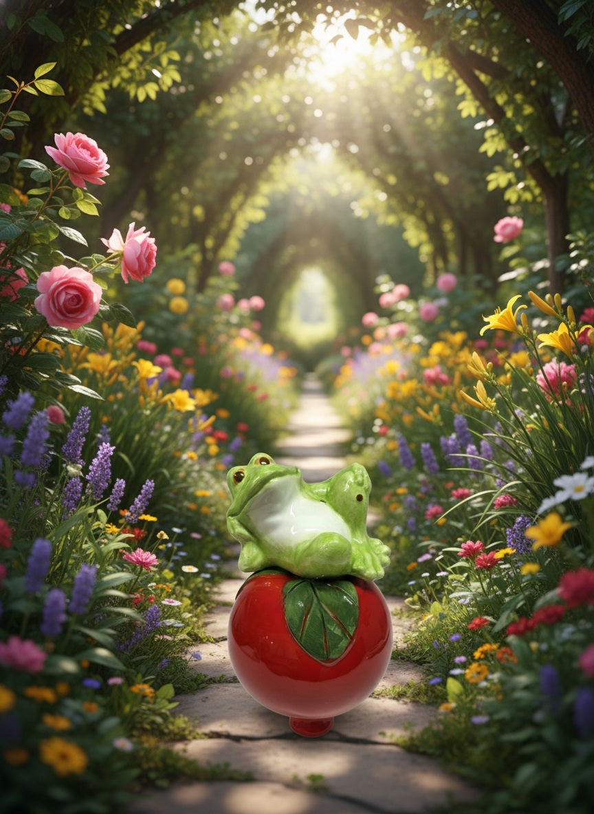 Rote Gartenkugel aus Keramik mit Frosch | Balkon & Garten