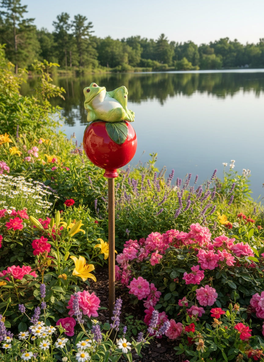 Rote Gartenkugel aus Keramik mit Frosch | Balkon & Garten