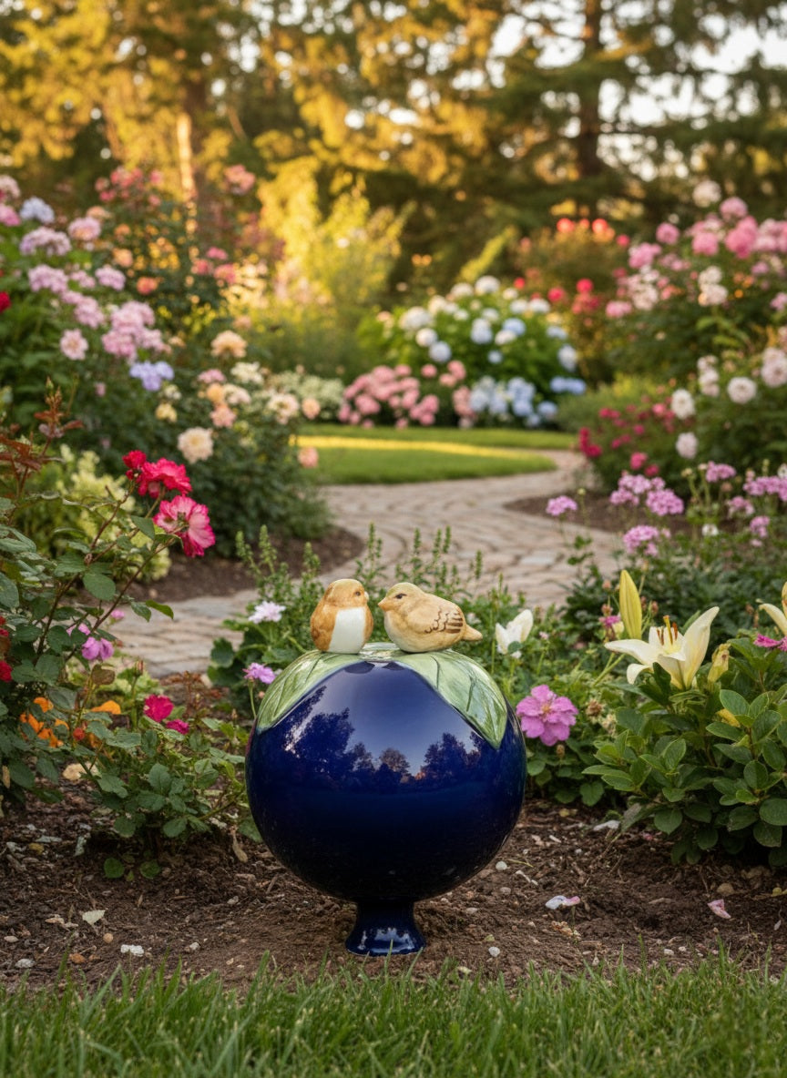 Dunkelblaue Gartenkugel aus Keramik mit hellem Vogel-Paar | Balkon & Garten