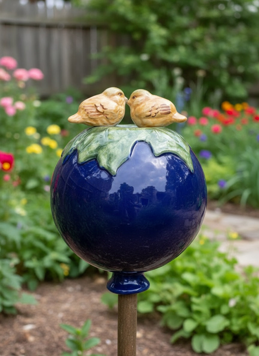 Dunkelblaue Gartenkugel aus Keramik mit orangenem Vogel-Paar | Balkon & Garten