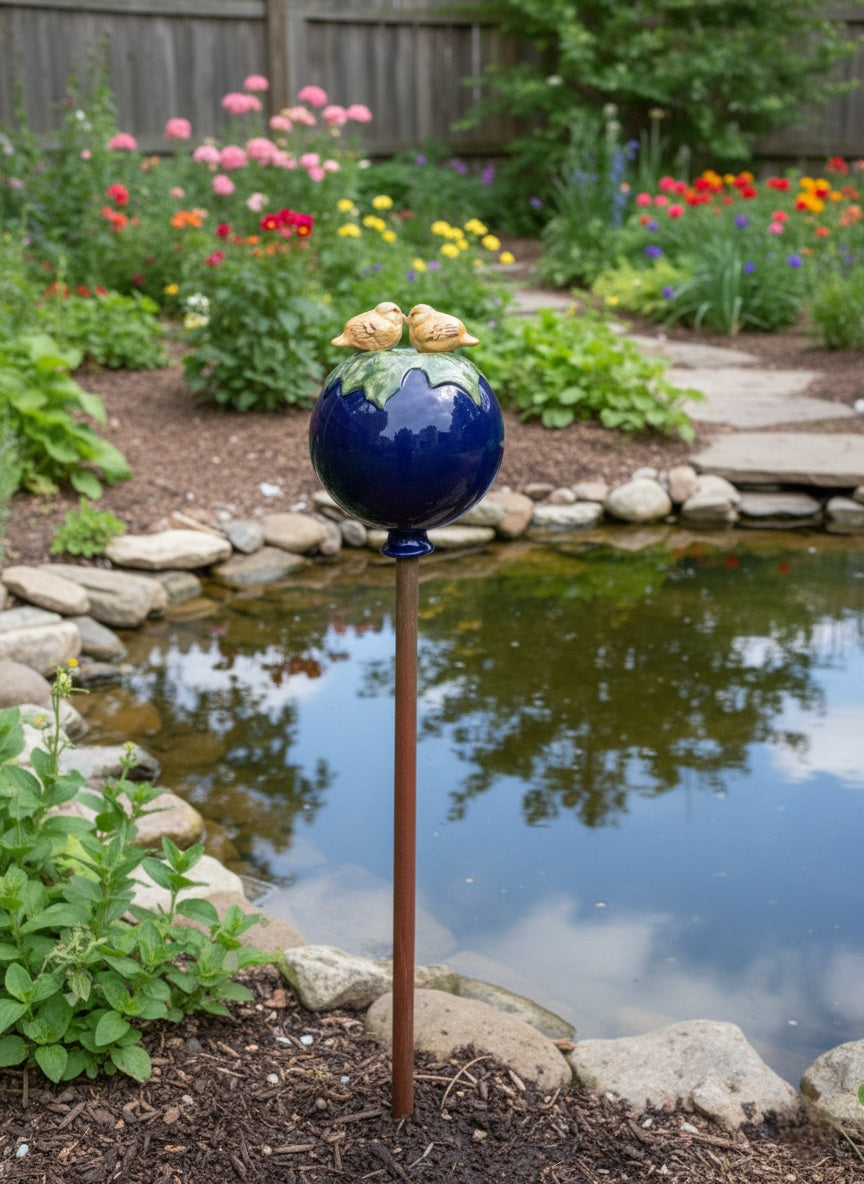 Dunkelblaue Gartenkugel aus Keramik mit orangenem Vogel-Paar | Balkon & Garten