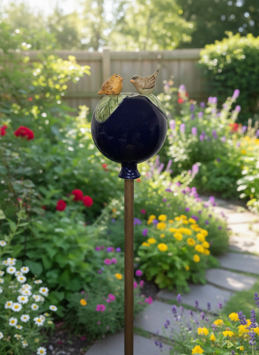 Dunkelblaue Gartenkugel aus Keramik mit Vogel-Duo | Balkon & Garten