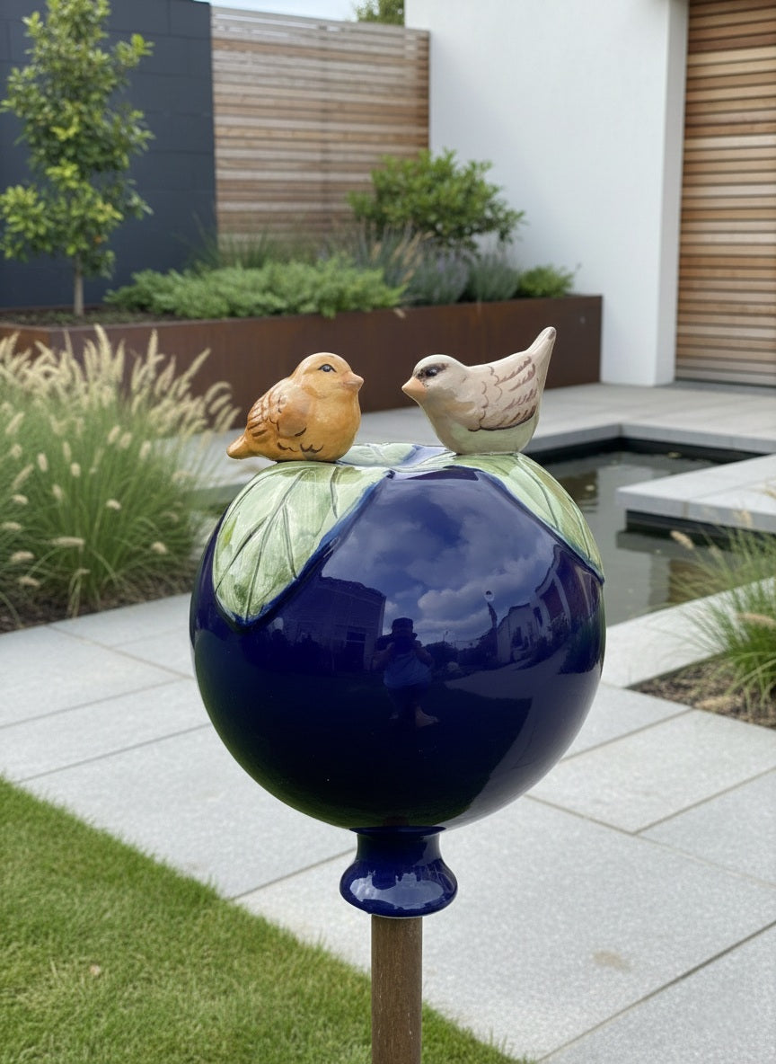 Dunkelblaue Gartenkugel aus Keramik mit Vogel-Duo | Balkon & Garten