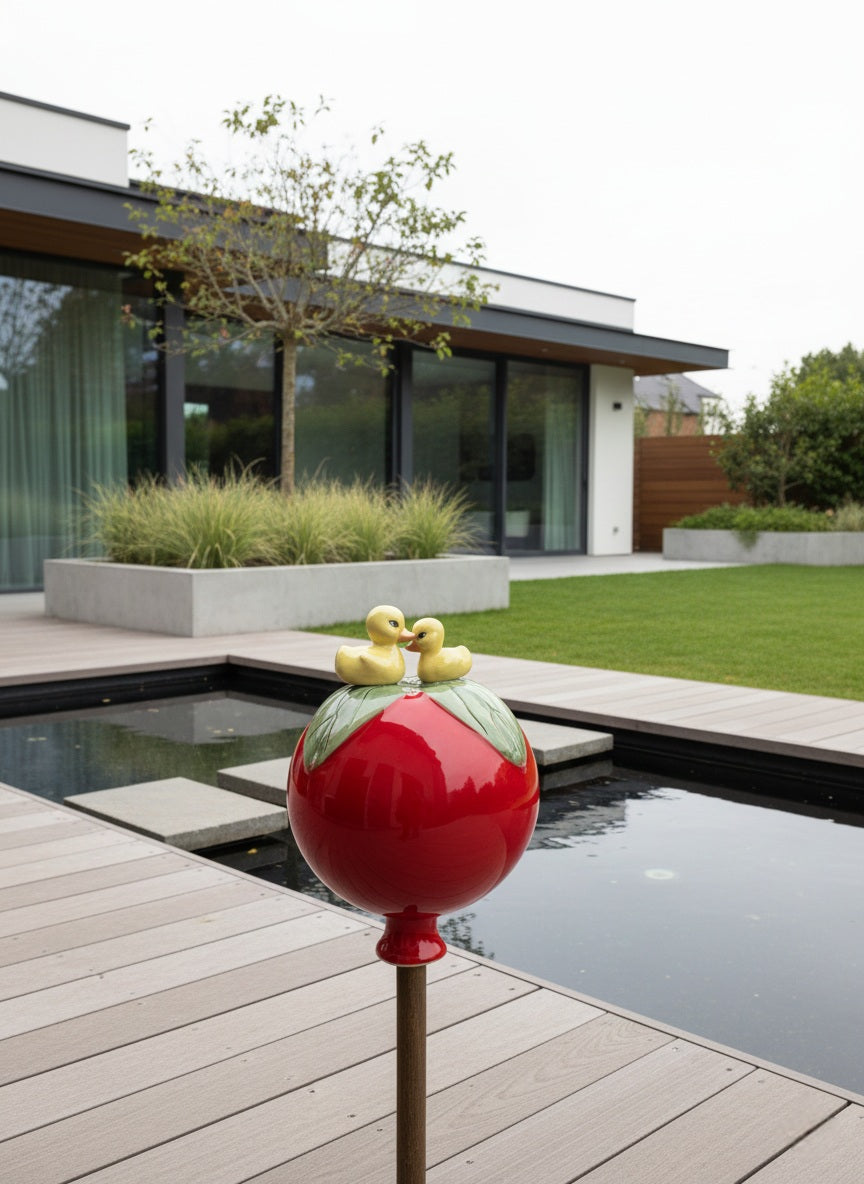 Rote Gartenkugel aus Keramik mit Enten-Duo | Balkon & Garten