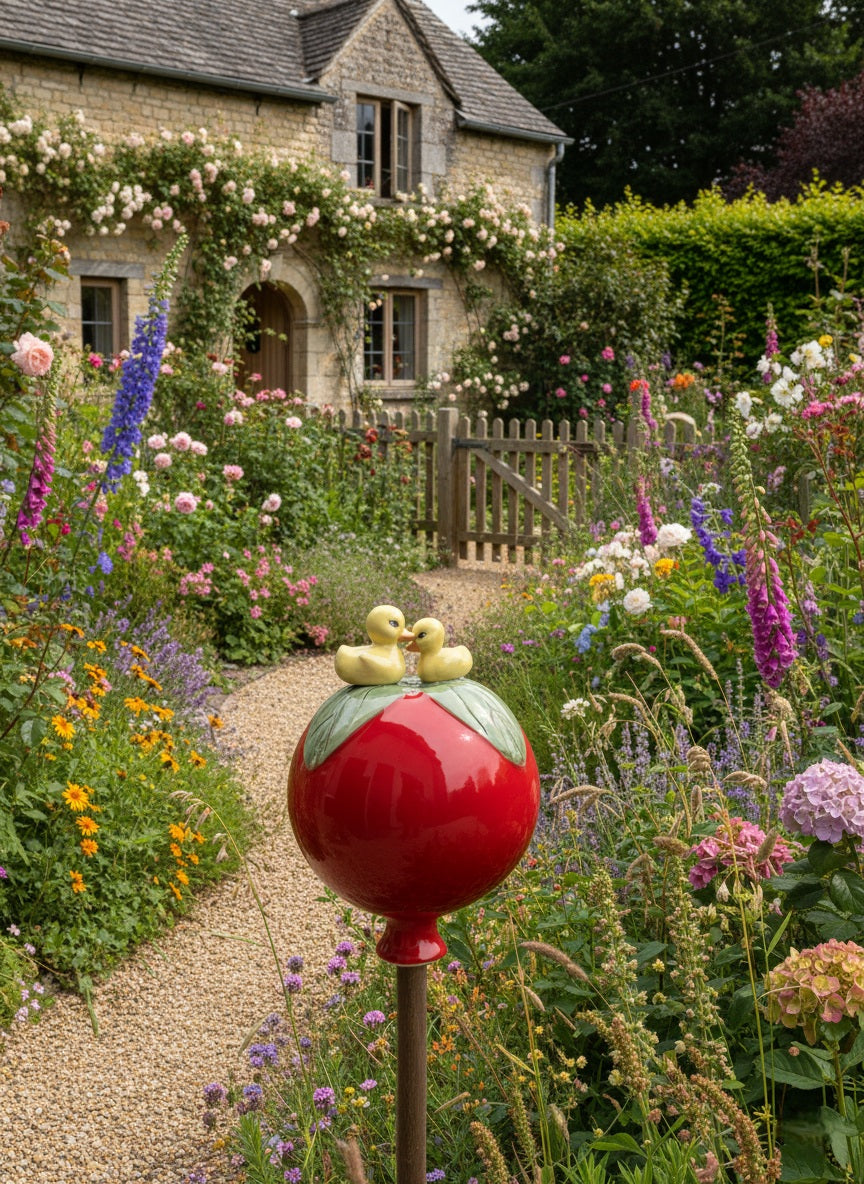Rote Gartenkugel aus Keramik mit Enten-Duo | Balkon & Garten