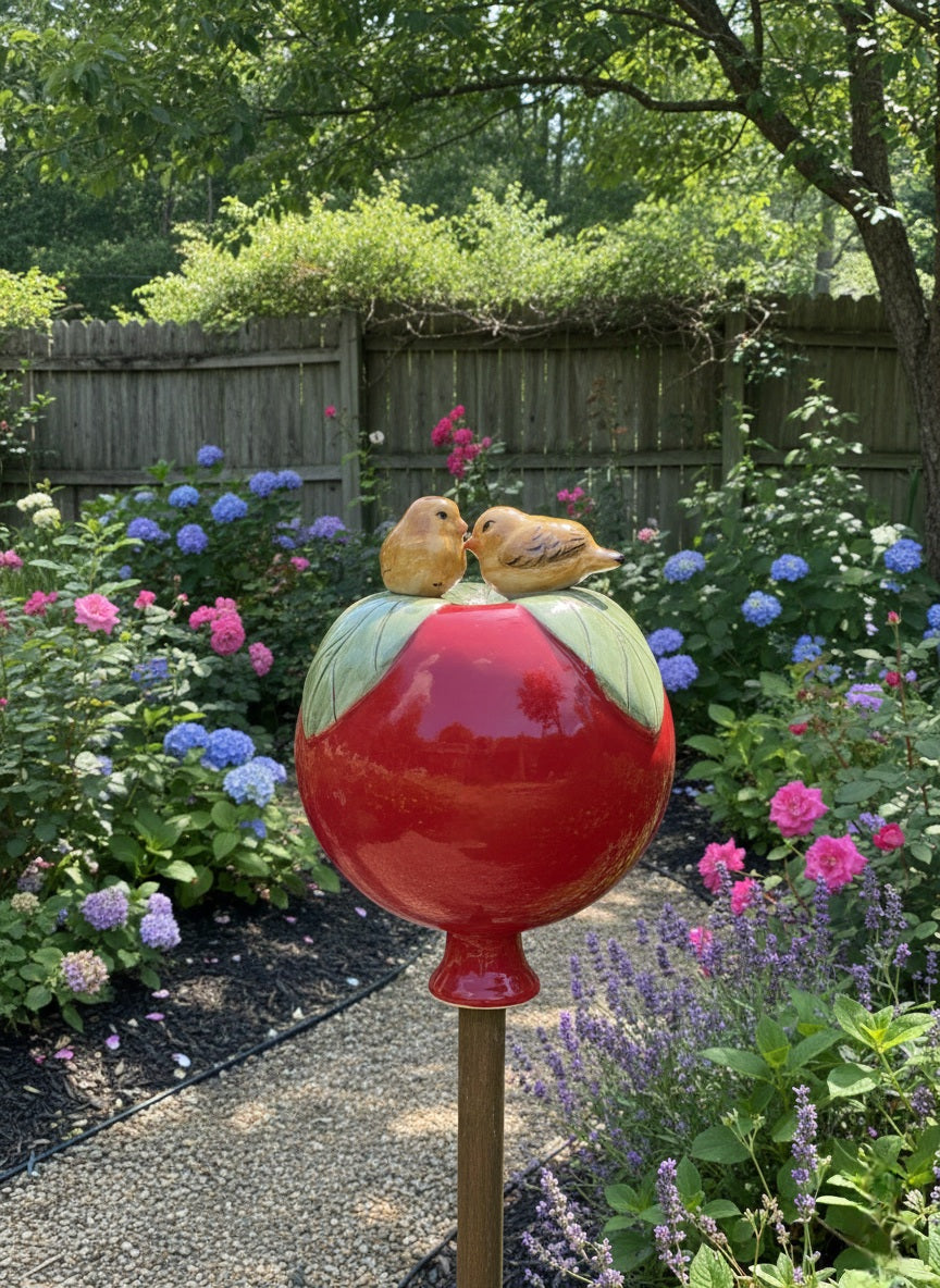 Rote Gartenkugel aus Keramik mit hellem Vogel-Paar | Balkon & Garten