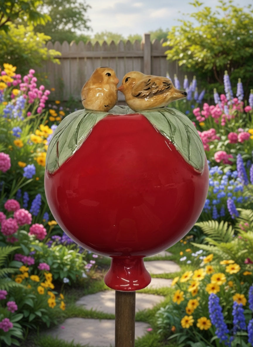 Rote Gartenkugel aus Keramik mit hellem Vogel-Paar | Balkon & Garten