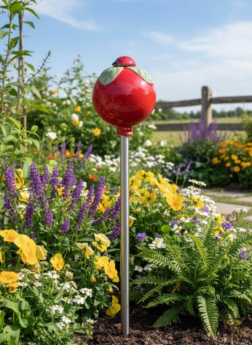 Rote Gartenkugel aus Keramik mit Marienkäfer | Balkon & Garten