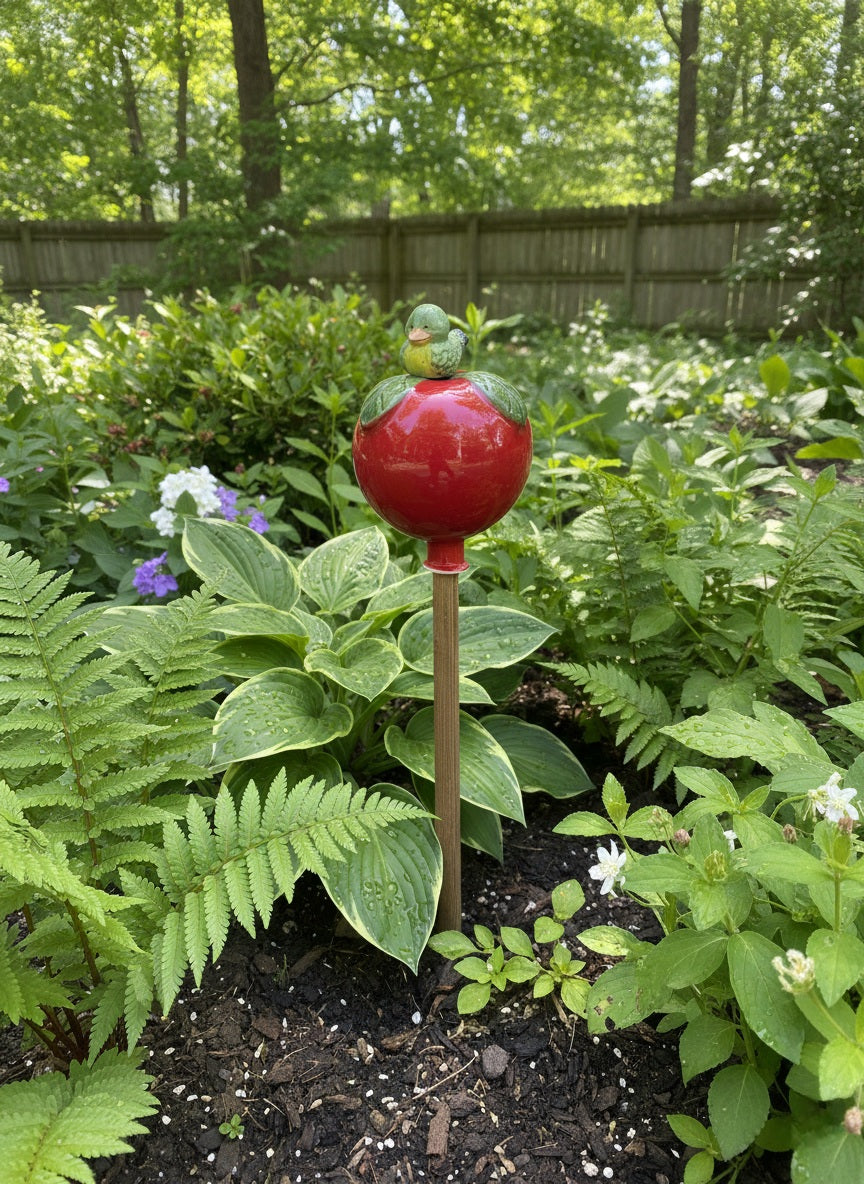 Rote Gartenkugel aus Keramik mit grünem Vogel | Balkon & Garten