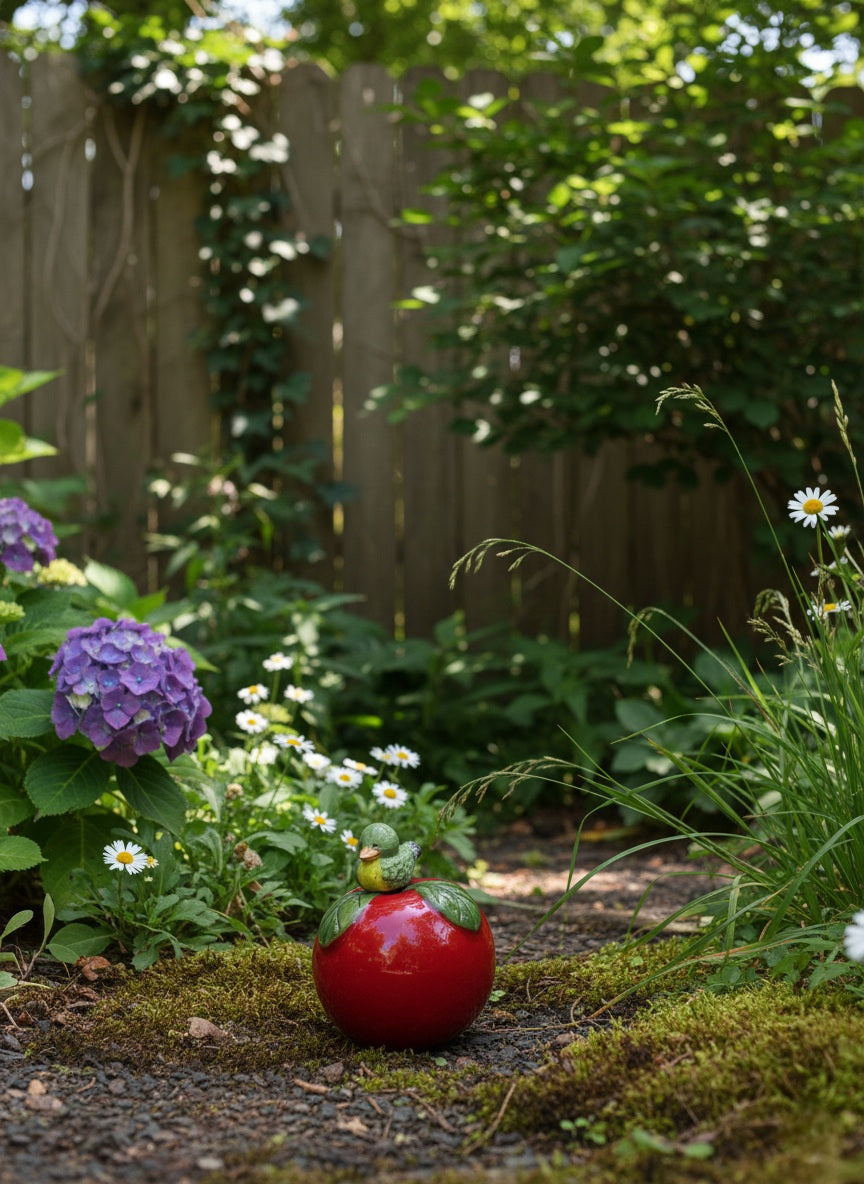 Rote Gartenkugel aus Keramik mit grünem Vogel | Balkon & Garten