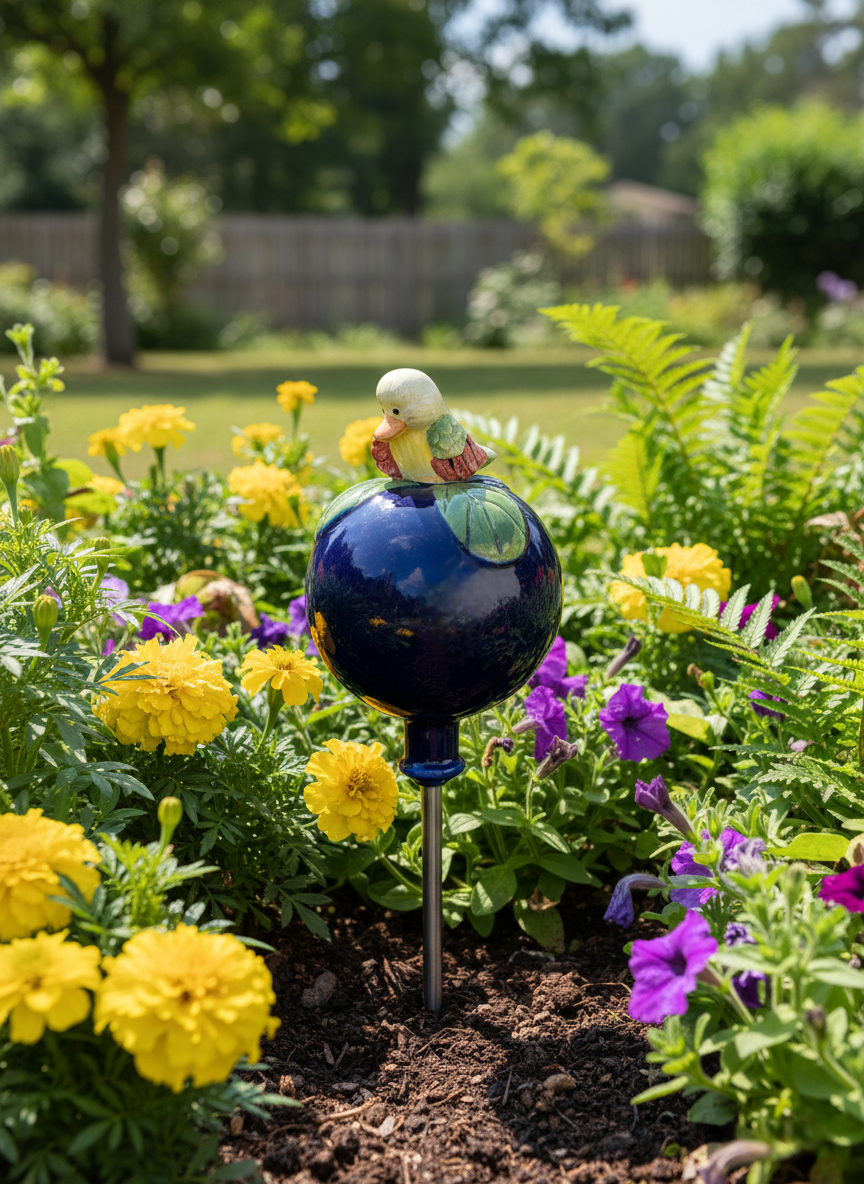 Dunkelblaue Keramik-Gartenkugel mit weiß-gelbem Vogel | Handgefertigt