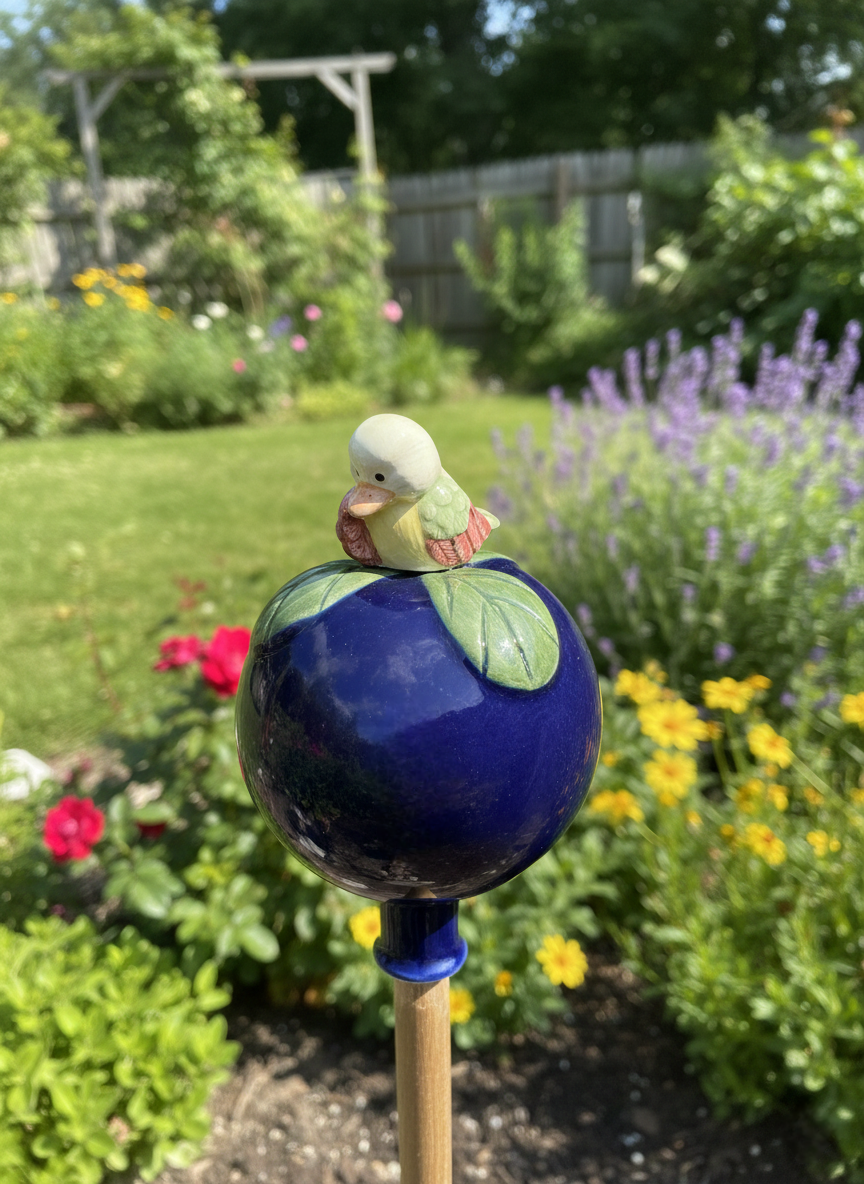 Dunkelblaue Keramik-Gartenkugel mit weiß-gelbem Vogel | Handgefertigt