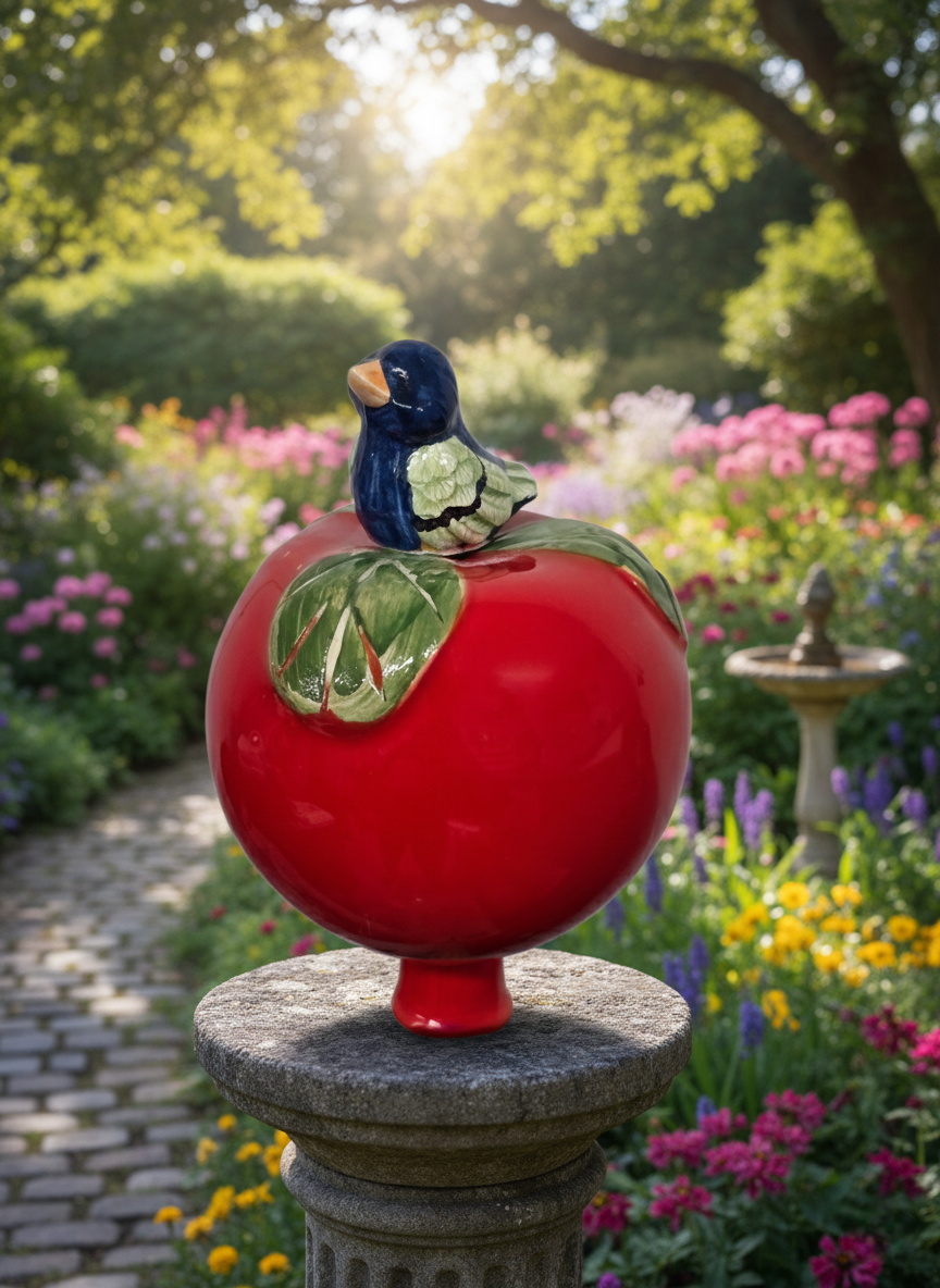 Rote Keramik Gartenkugel mit blauem Vogel | Garten und Balkon