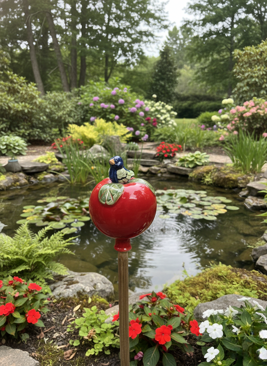 Rote Keramik Gartenkugel mit blauem Vogel | Garten und Balkon