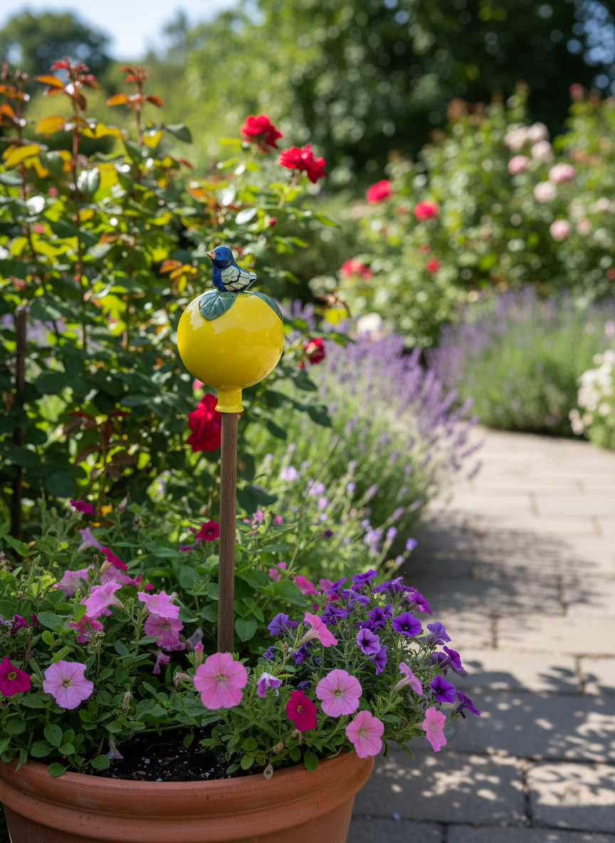 Gelbe Gartenkugel aus Keramik mit dunkelblauem Vogel | Balkon & Garten