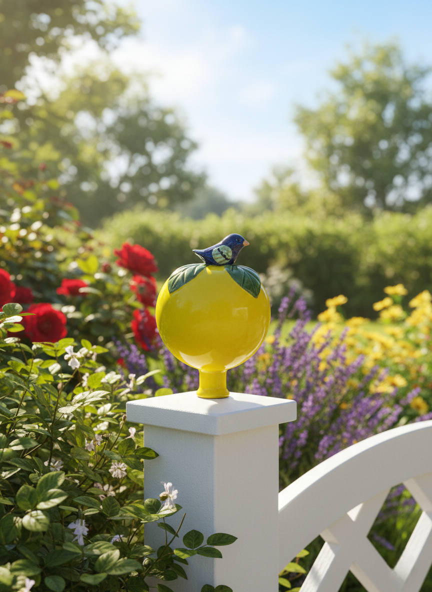 Gelbe Gartenkugel aus Keramik mit dunkelblauem Vogel | Balkon & Garten