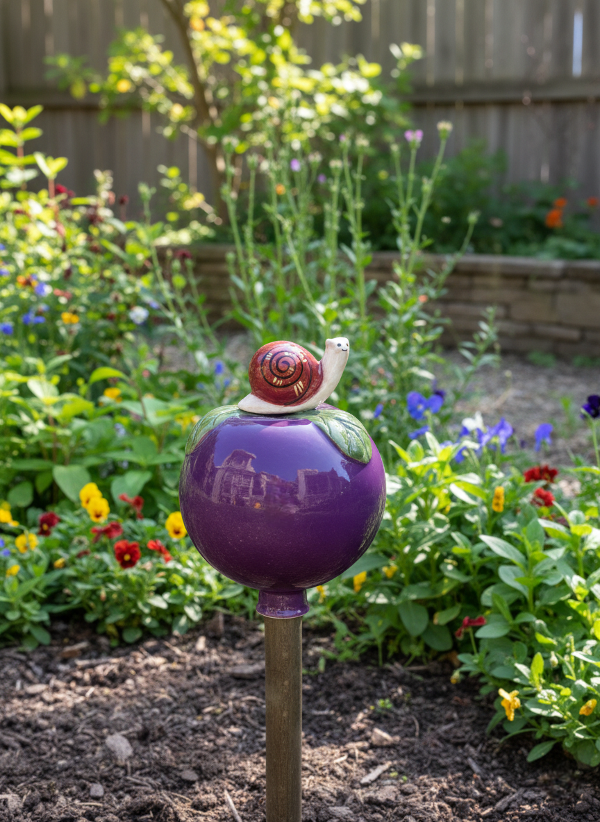 Lila Gartenkugel aus Keramik mit Schnecke | Balkon & Garten