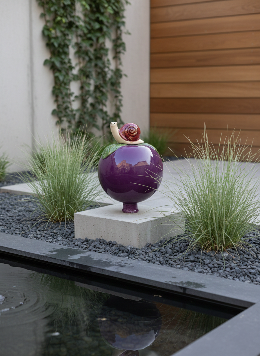 Lila Gartenkugel aus Keramik mit Schnecke | Balkon & Garten