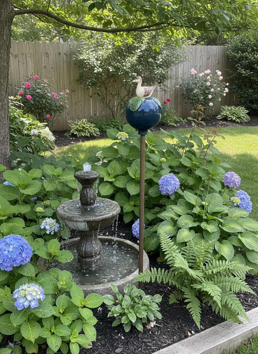 Grüne Gartenkugel aus Keramik mit Ente | Balkon & Garten
