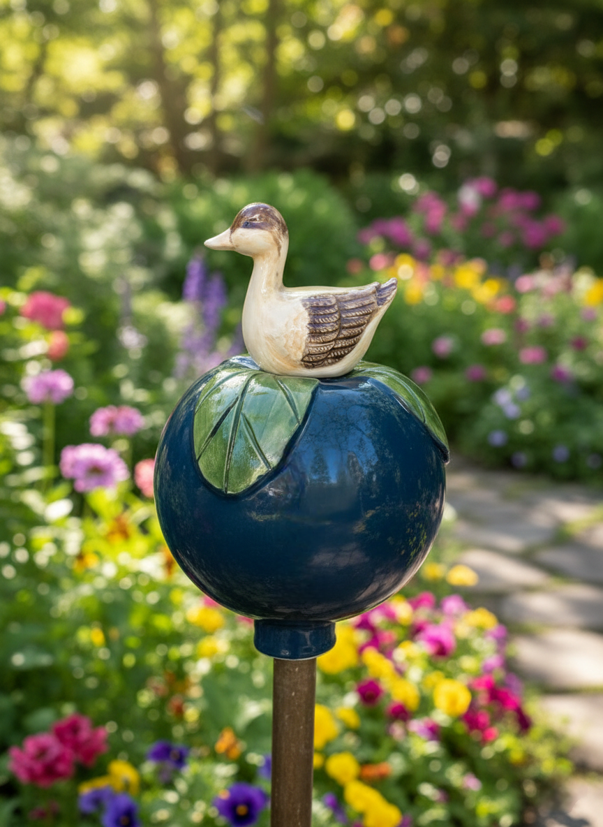 Grüne Gartenkugel aus Keramik mit Ente | Balkon & Garten