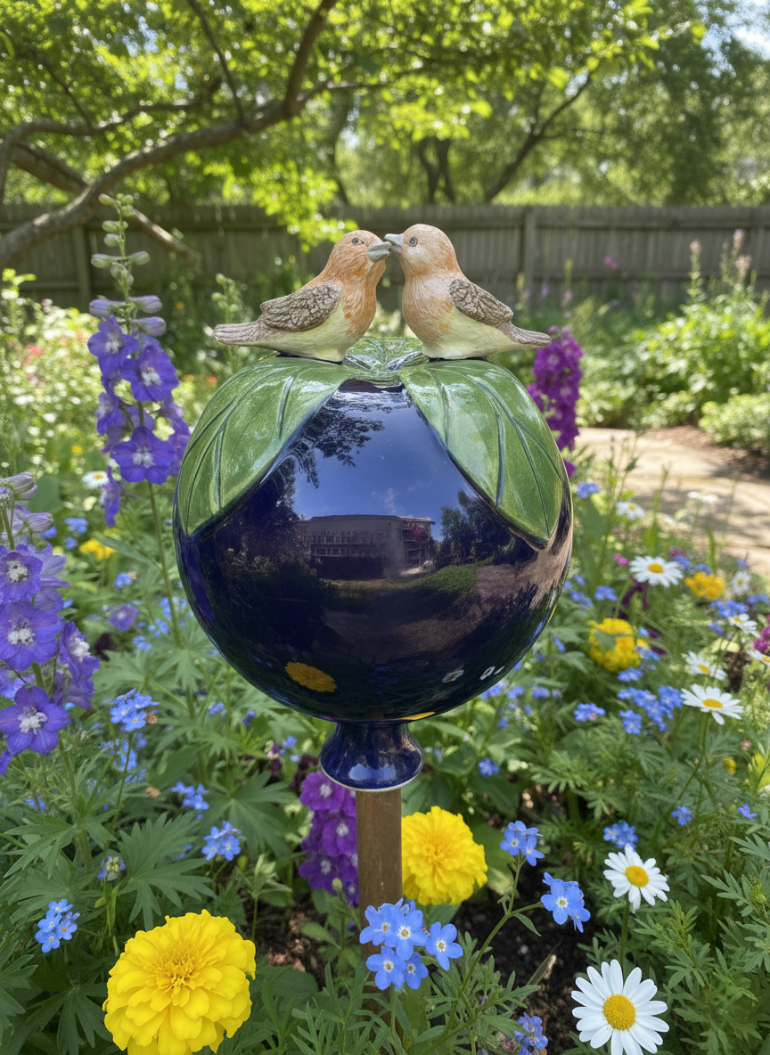 Dunkelblaue Gartenkugel aus Keramik mit Vogel-Paar | Balkon & Garten