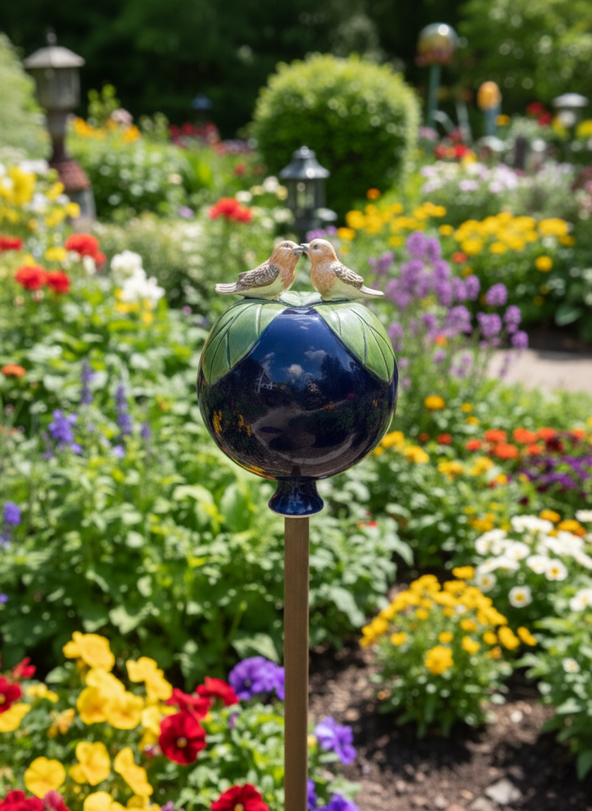 Dunkelblaue Gartenkugel aus Keramik mit Vogel-Paar | Balkon & Garten