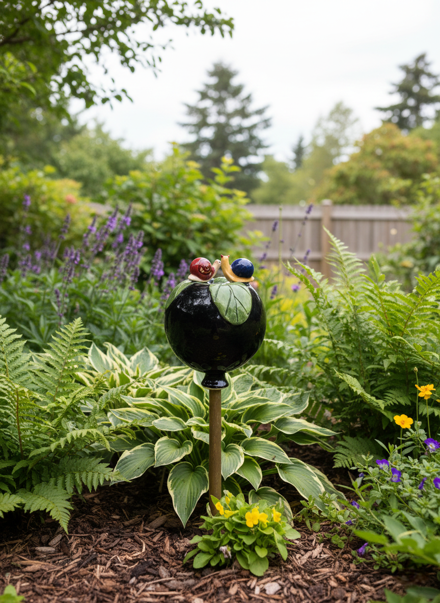 Schwarze Gartenkugel aus Keramik mit Schnecken-Duo | Balkon & Garten
