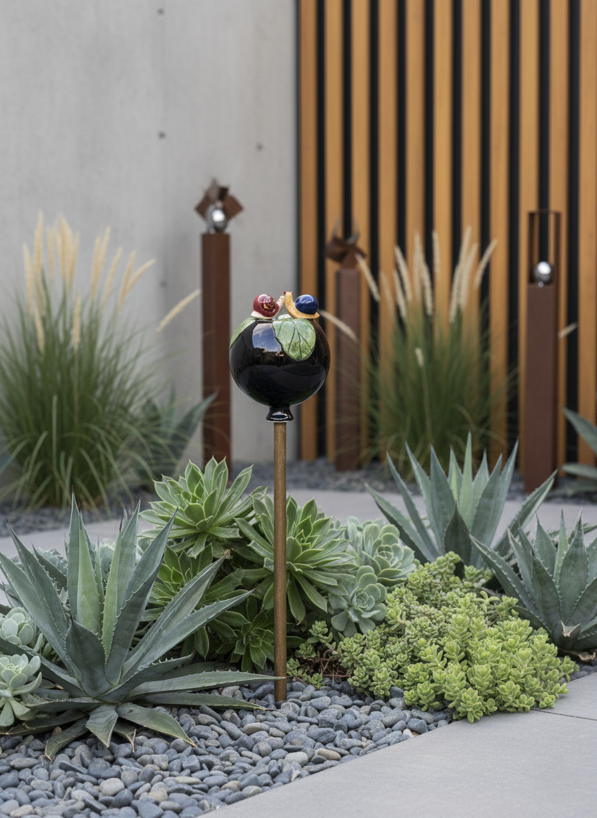 Schwarze Gartenkugel aus Keramik mit Schnecken-Duo | Balkon & Garten