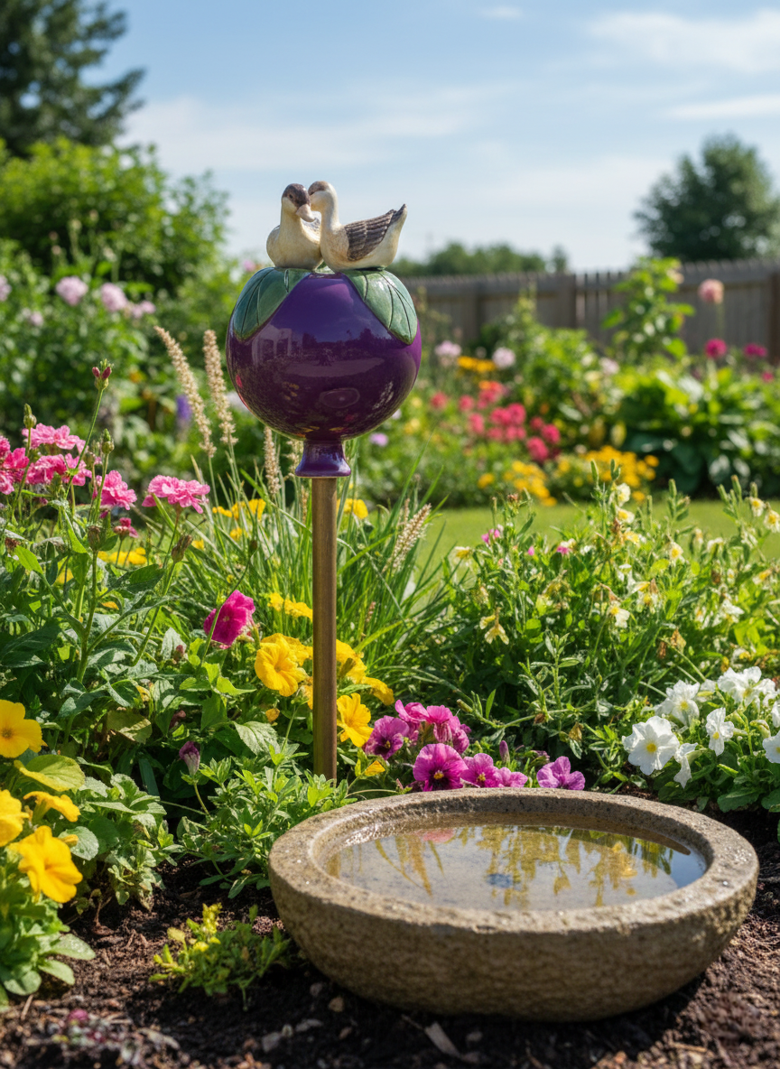 Lila Gartenkugel aus Keramik mit Enten-Paar | Balkon & Garten