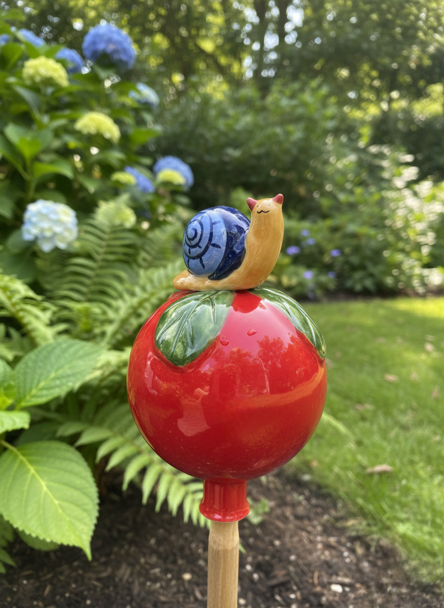 Rote Gartenkugel aus Keramik mit Schnecke | Balkon & Garten