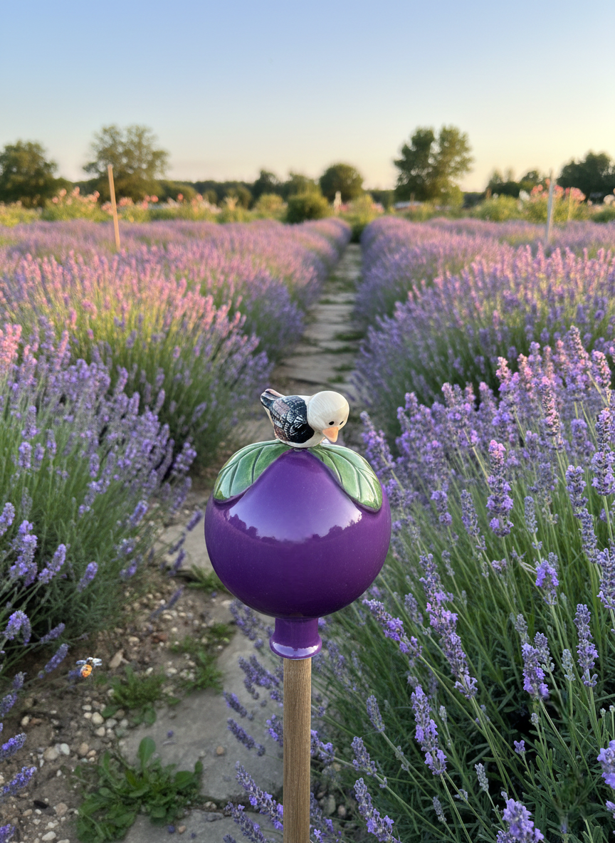 Lila Gartenkugel aus Keramik mit Vogel | Balkon & Garten