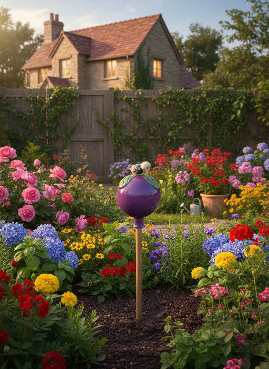 Lila Gartenkugel aus Keramik mit Vogel | Balkon & Garten