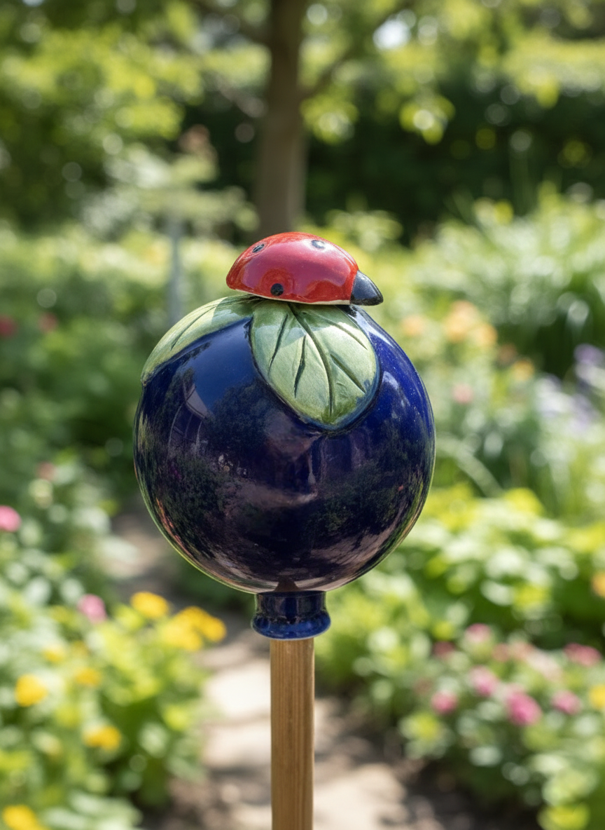 Dunkelblaue Gartenkugel aus Keramik mit Marienkäfer | Balkon & Garten