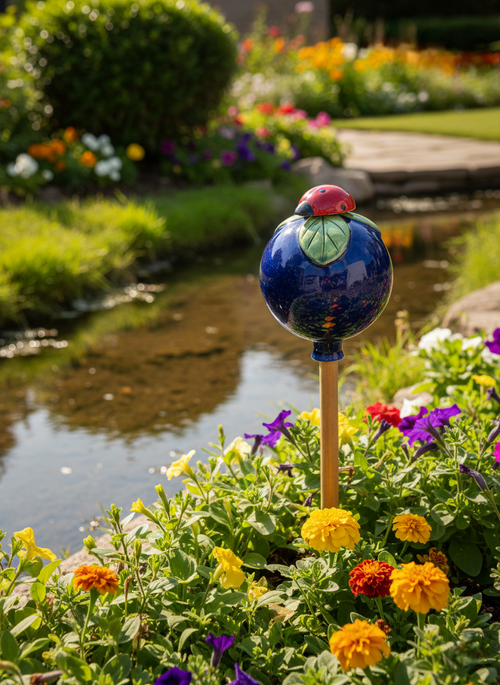 Dunkelblaue Gartenkugel aus Keramik mit Marienkäfer | Balkon & Garten