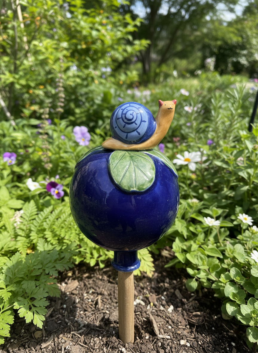 Dunkelblaue Gartenkugel aus Keramik mit Schnecke | Balkon & Garten