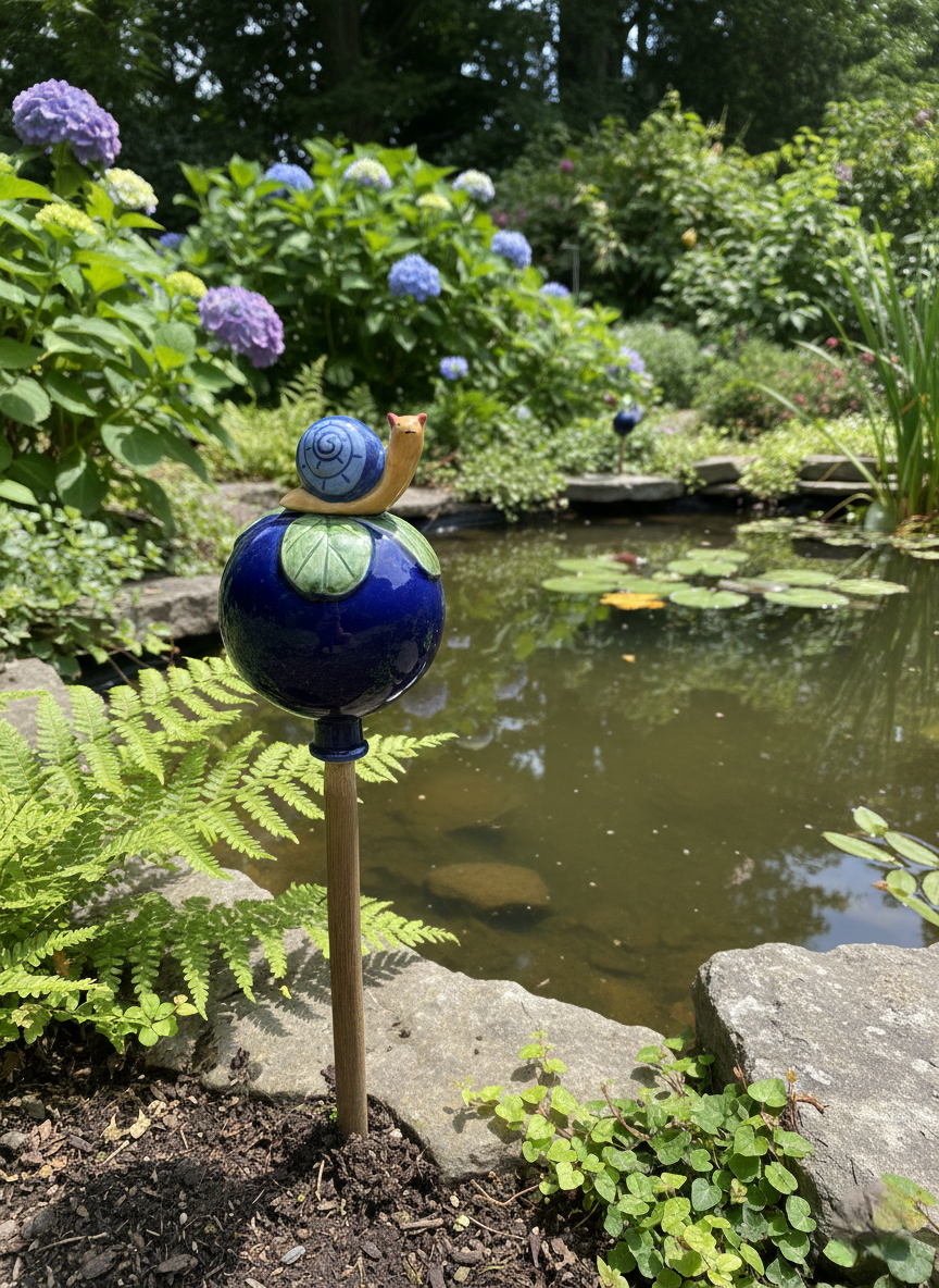 Dunkelblaue Gartenkugel aus Keramik mit Schnecke | Balkon & Garten