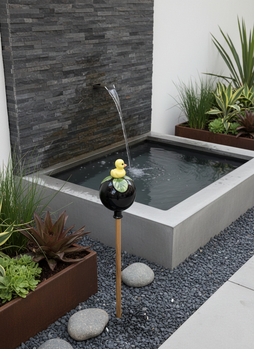 Schwarze Gartenkugel aus Keramik mit gelber Ente | Balkon & Garten