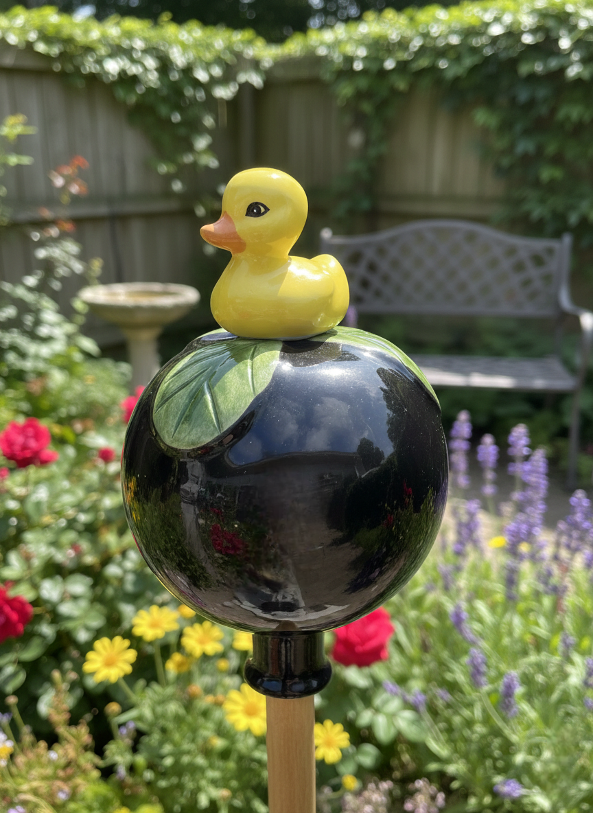Schwarze Gartenkugel aus Keramik mit gelber Ente | Balkon & Garten