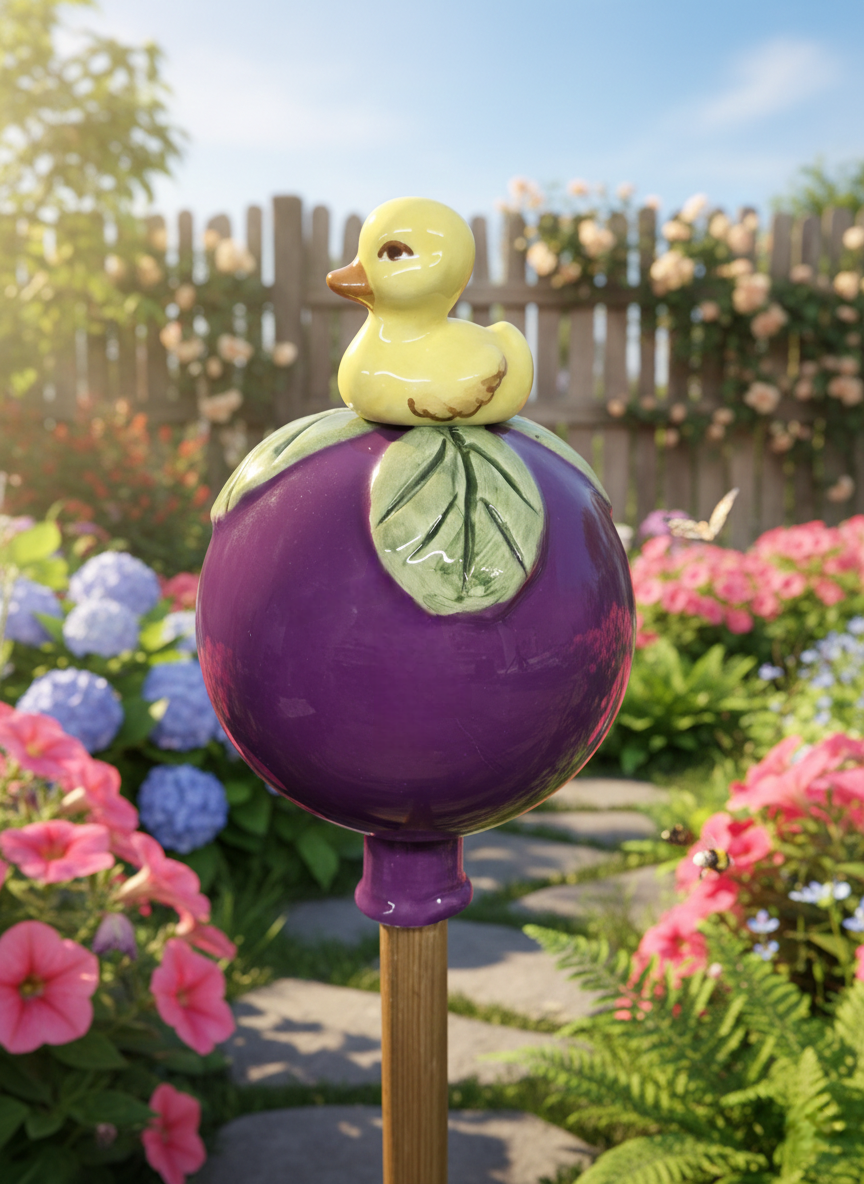 Lila Gartenkugel aus Keramik mit gelber Ente | Balkon & Garten