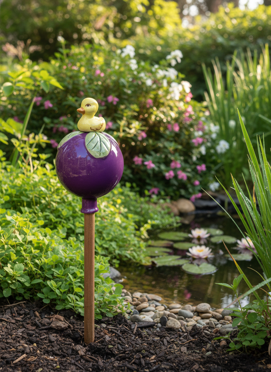 Lila Gartenkugel aus Keramik mit gelber Ente | Balkon & Garten