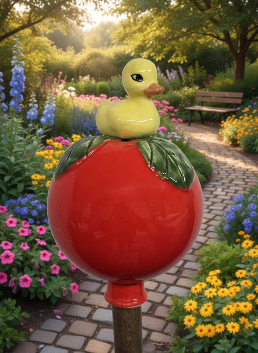 Rote Gartenkugel aus Keramik mit gelber Ente | Balkon & Garten