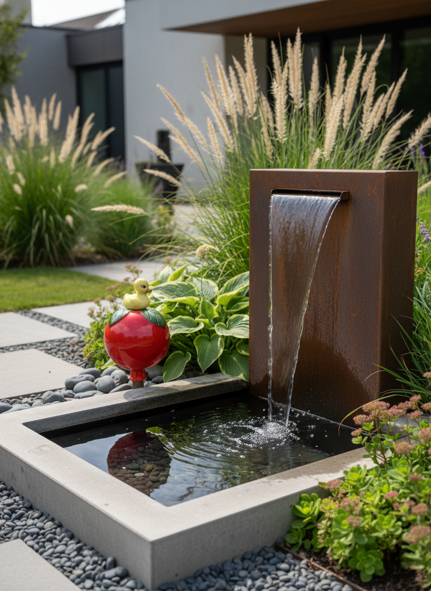 Rote Gartenkugel aus Keramik mit gelber Ente | Balkon & Garten