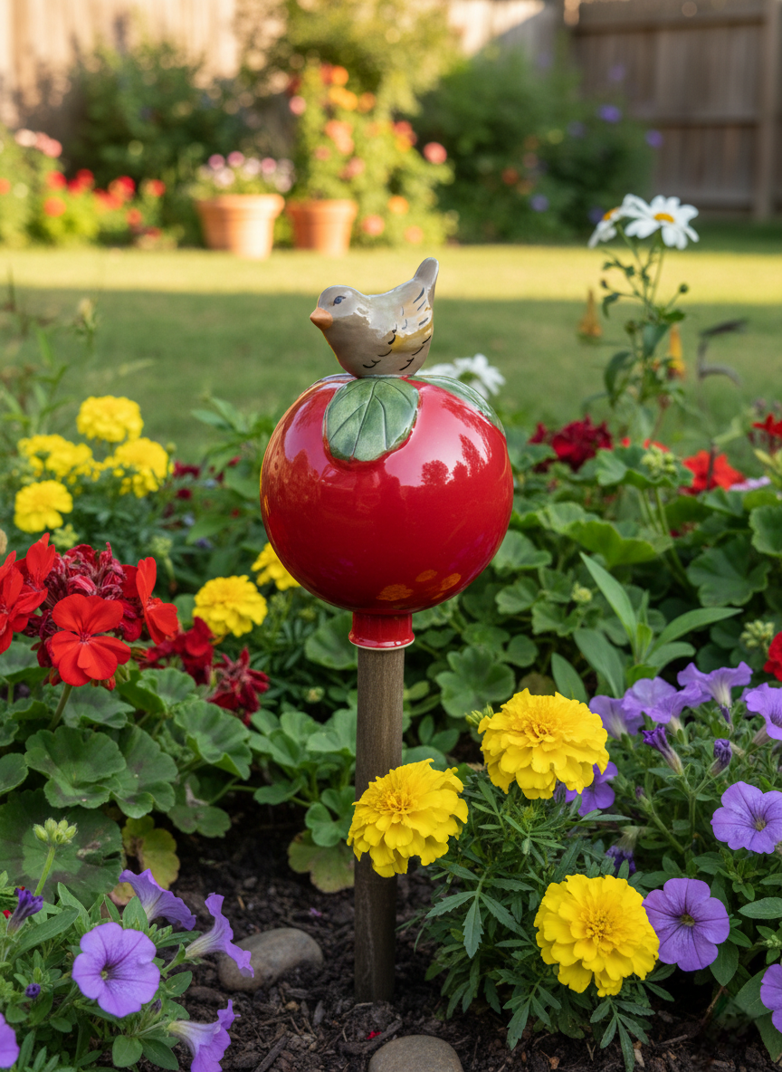 Rote Gartenkugel aus Keramik mit braunem Vogel | Balkon & Garten