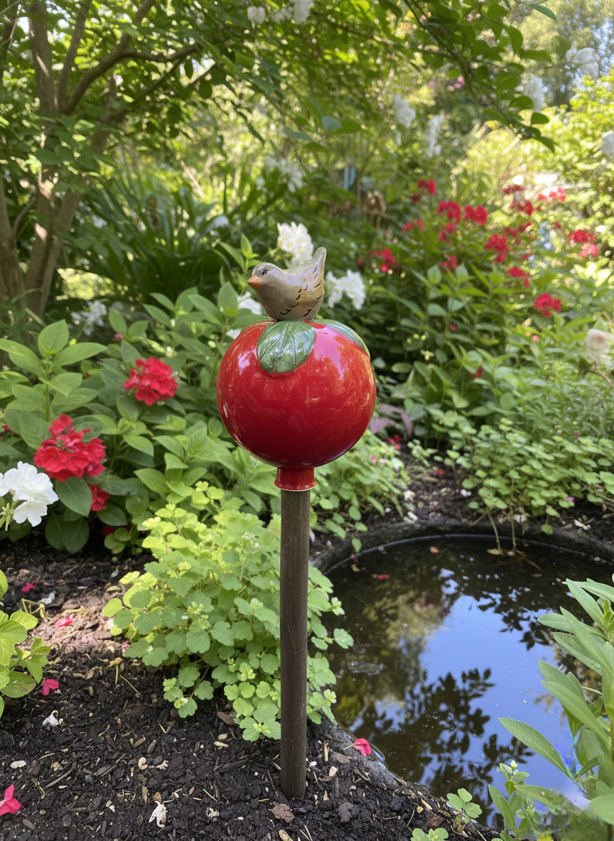Rote Gartenkugel aus Keramik mit braunem Vogel | Balkon & Garten