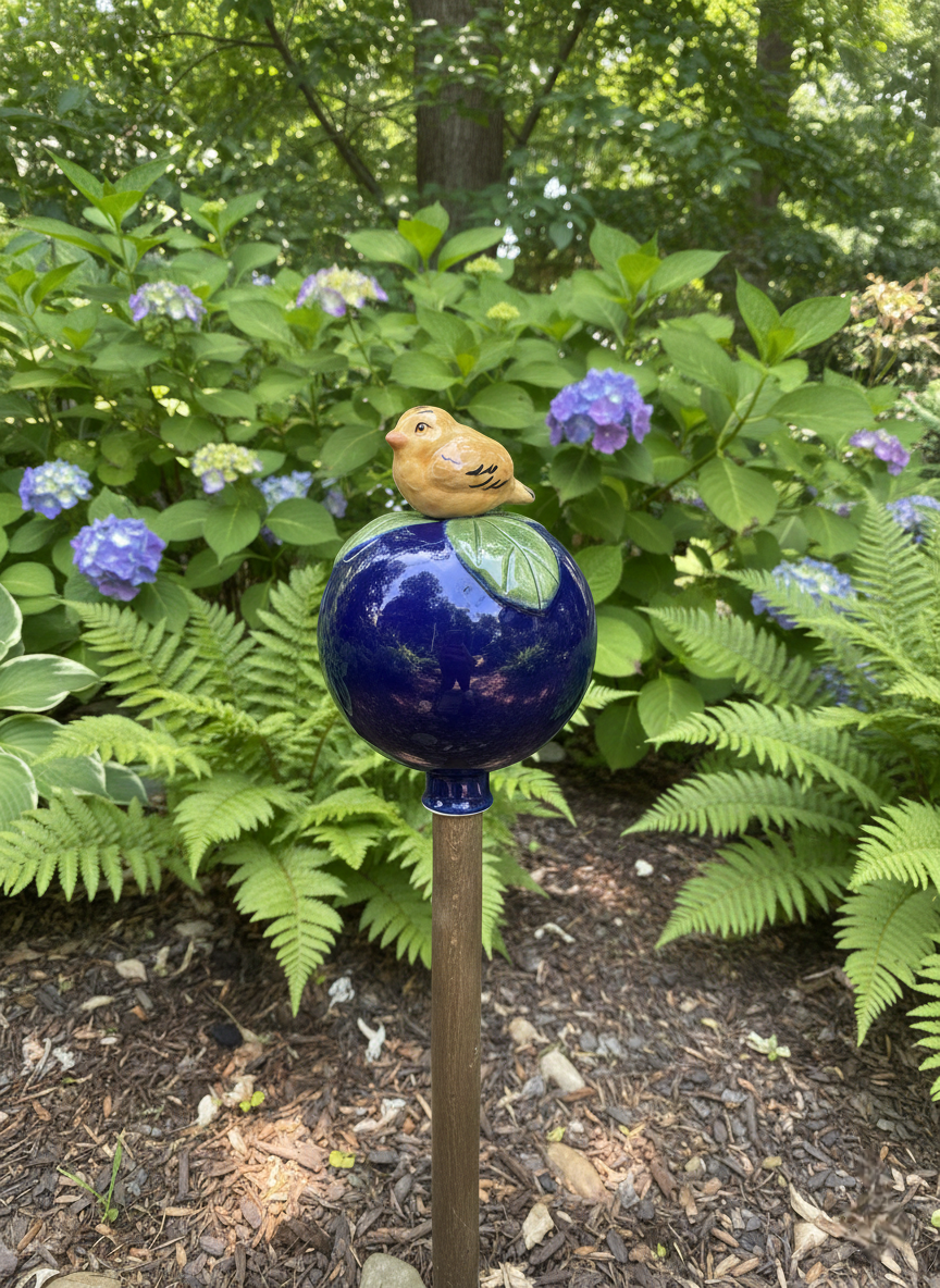 Dunkelblaue Gartenkugel aus Keramik mit hellbraunem Vogel | Balkon & Garten